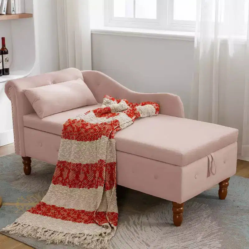 Chaise longue in velluto, con contenitore, chiodini decorativi, bracciolo arrotolato, per soggiorno, camera da letto, ufficio, beige
