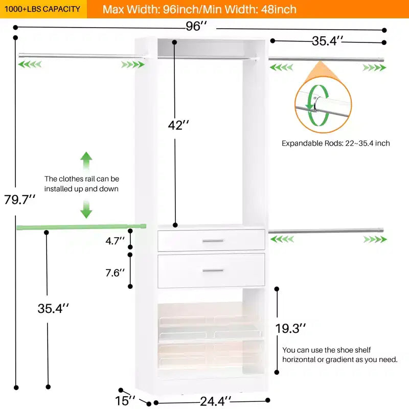 Sistema per armadio Besiost con 2 cassetti in legno e scarpiera regolabile