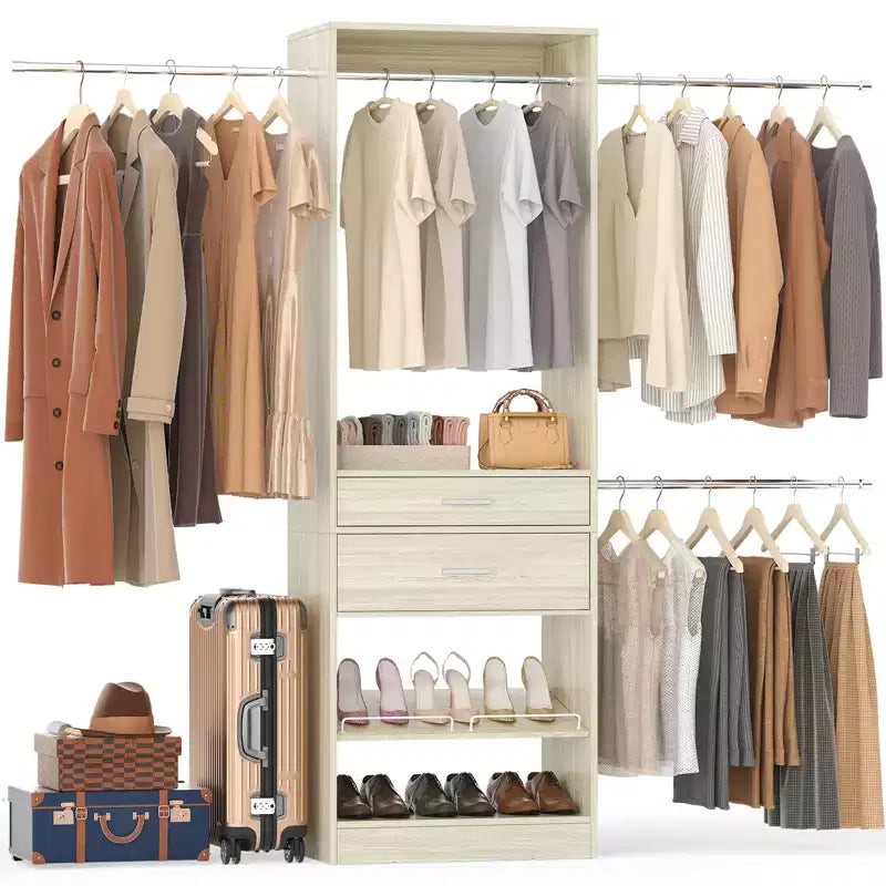 Besiost Closet System with 2 Wooden Drawers and Adjustable Shoes Rack