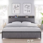 Struttura Letto King Size con 2 Cassetti Contenitore e Porte USB, Letto Moderno a Piattaforma con Testiera a Scaffale Imbottita, Robusto, Silenzioso, Grigio