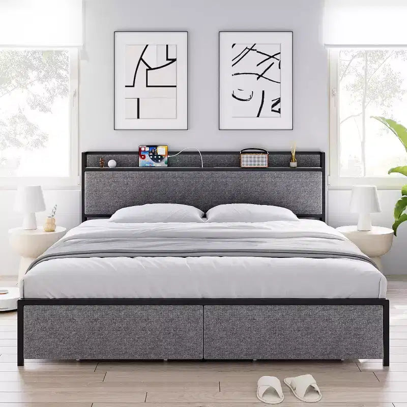 Struttura Letto King Size con 2 Cassetti Contenitore e Porte USB, Letto Moderno a Piattaforma con Testiera a Scaffale Imbottita, Robusto, Silenzioso, Grigio
