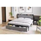 Struttura Letto King Size con 2 Cassetti Contenitore e Porte USB, Letto Moderno a Piattaforma con Testiera a Scaffale Imbottita, Robusto, Silenzioso, Grigio