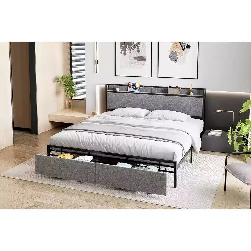 Struttura Letto King Size con 2 Cassetti Contenitore e Porte USB, Letto Moderno a Piattaforma con Testiera a Scaffale Imbottita, Robusto, Silenzioso, Grigio