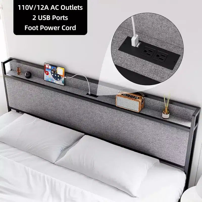 Struttura Letto King Size con 2 Cassetti Contenitore e Porte USB, Letto Moderno a Piattaforma con Testiera a Scaffale Imbottita, Robusto, Silenzioso, Grigio