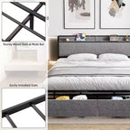 Struttura Letto King Size con 2 Cassetti Contenitore e Porte USB, Letto Moderno a Piattaforma con Testiera a Scaffale Imbottita, Robusto, Silenzioso, Grigio