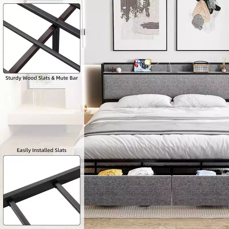 Struttura Letto King Size con 2 Cassetti Contenitore e Porte USB, Letto Moderno a Piattaforma con Testiera a Scaffale Imbottita, Robusto, Silenzioso, Grigio