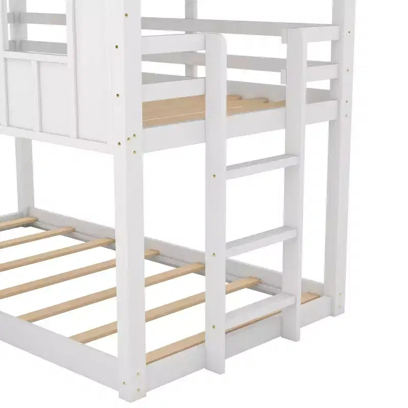 Letto a castello a casetta con scivolo e finestre per cameretta, bianco+grigio