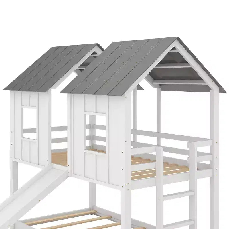 Letto a castello a casetta con scivolo e finestre per cameretta, bianco+grigio