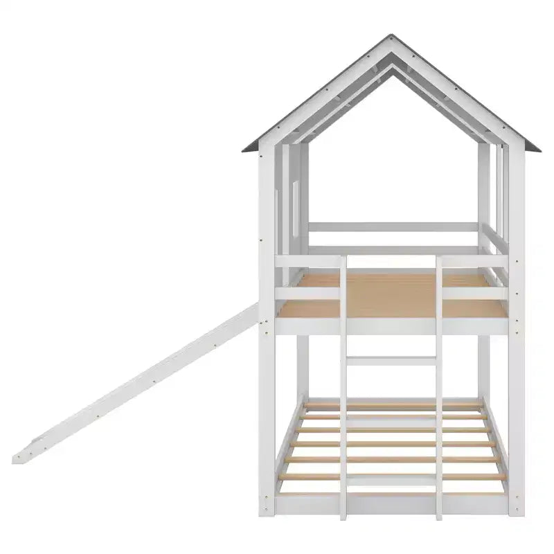 Letto a castello a casetta con scivolo e finestre per cameretta, bianco+grigio