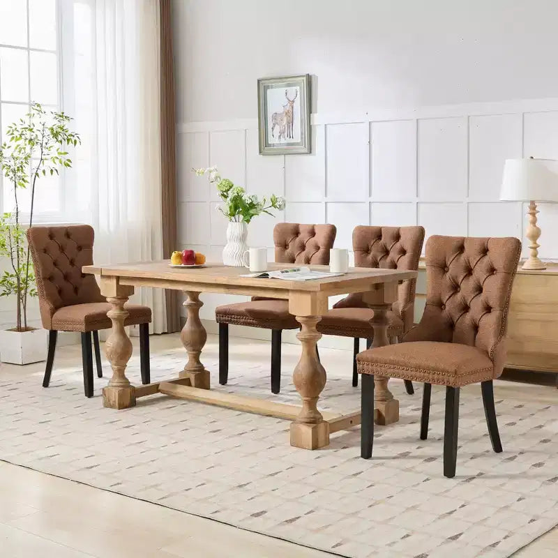Sedie da Pranzo Contemporanee, 2 Pezzi Sedie Eleganti con Schienale Trapuntato, Sedie da Pranzo in Morbido Lino, Gambe in Legno Massello e Rivestimento con Borchie, Portata Massima 136 kg