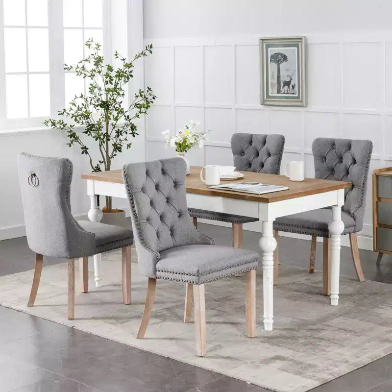 Sedie da Pranzo Contemporanee, 2 Pezzi Sedie Eleganti con Schienale Trapuntato, Sedie da Pranzo in Morbido Lino, Gambe in Legno Massello e Rivestimento con Borchie, Portata Massima 136 kg