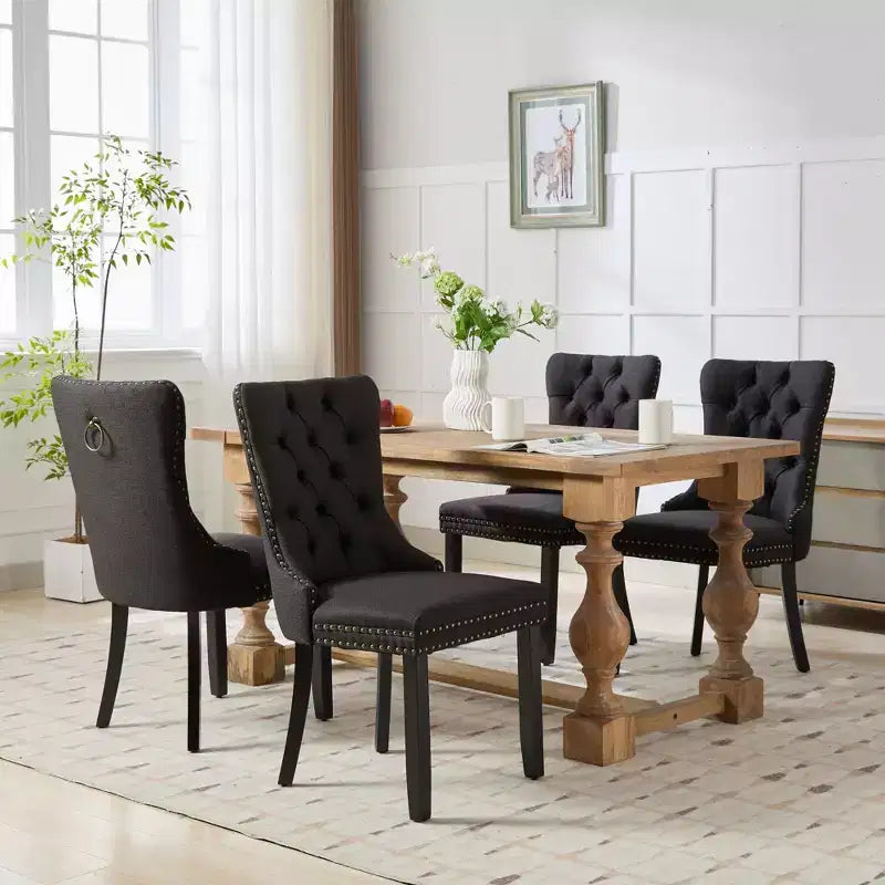 Sedie da Pranzo Contemporanee, 2 Pezzi Sedie Eleganti con Schienale Trapuntato, Sedie da Pranzo in Morbido Lino, Gambe in Legno Massello e Rivestimento con Borchie, Portata Massima 136 kg