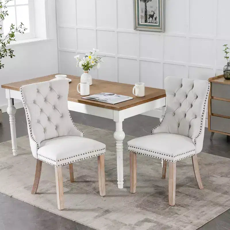 Sedie da Pranzo Contemporanee, 2 Pezzi Sedie Eleganti con Schienale Trapuntato, Sedie da Pranzo in Morbido Lino, Gambe in Legno Massello e Rivestimento con Borchie, Portata Massima 136 kg