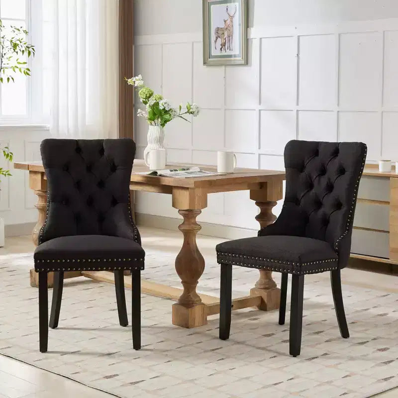 Sedie da Pranzo Contemporanee, 2 Pezzi Sedie Eleganti con Schienale Trapuntato, Sedie da Pranzo in Morbido Lino, Gambe in Legno Massello e Rivestimento con Borchie, Portata Massima 136 kg