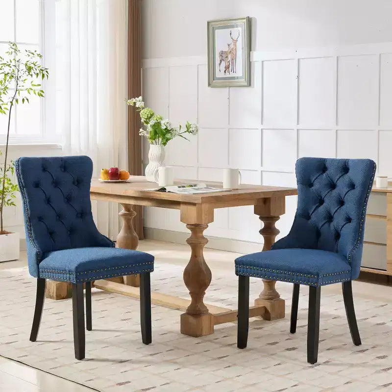 Sedie da Pranzo Contemporanee, 2 Pezzi Sedie Eleganti con Schienale Trapuntato, Sedie da Pranzo in Morbido Lino, Gambe in Legno Massello e Rivestimento con Borchie, Portata Massima 136 kg