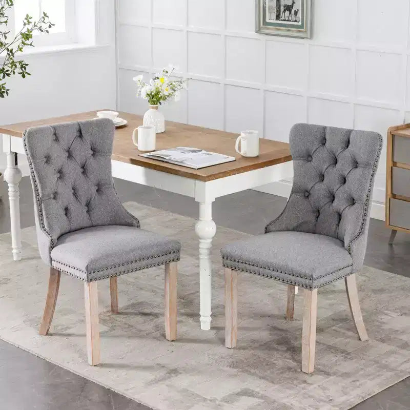 Sedie da Pranzo Contemporanee, 2 Pezzi Sedie Eleganti con Schienale Trapuntato, Sedie da Pranzo in Morbido Lino, Gambe in Legno Massello e Rivestimento con Borchie, Portata Massima 136 kg