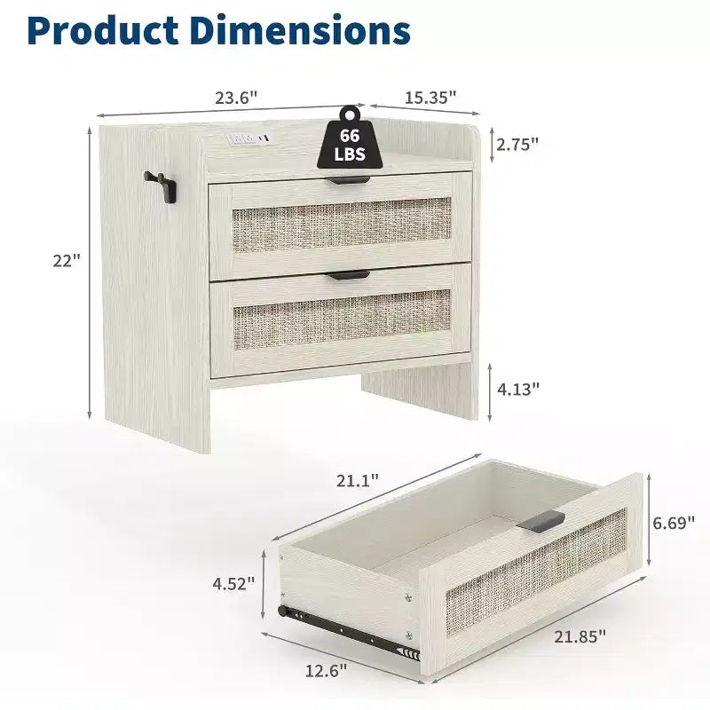 Comodino in rattan, comodino con 2 cassetti portaoggetti, tavolino d'appoggio bohémien per camera da letto, soggiorno, ufficio, comodino grande