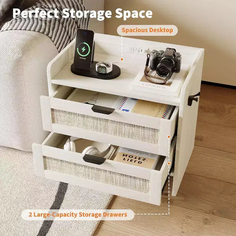 Comodino in rattan, comodino con 2 cassetti portaoggetti, tavolino d'appoggio bohémien per camera da letto, soggiorno, ufficio, comodino grande