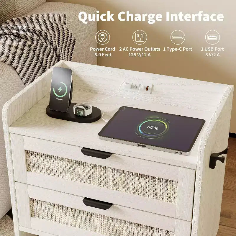Comodino in rattan, comodino con 2 cassetti portaoggetti, tavolino d'appoggio bohémien per camera da letto, soggiorno, ufficio, comodino grande