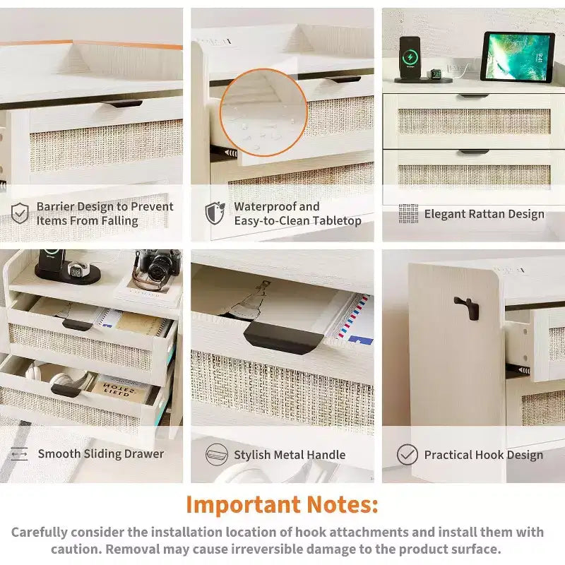 Comodino in rattan, comodino con 2 cassetti portaoggetti, tavolino d'appoggio bohémien per camera da letto, soggiorno, ufficio, comodino grande