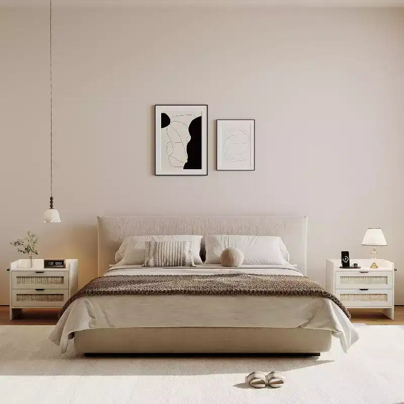 Comodino in rattan, comodino con 2 cassetti portaoggetti, tavolino d'appoggio bohémien per camera da letto, soggiorno, ufficio, comodino grande