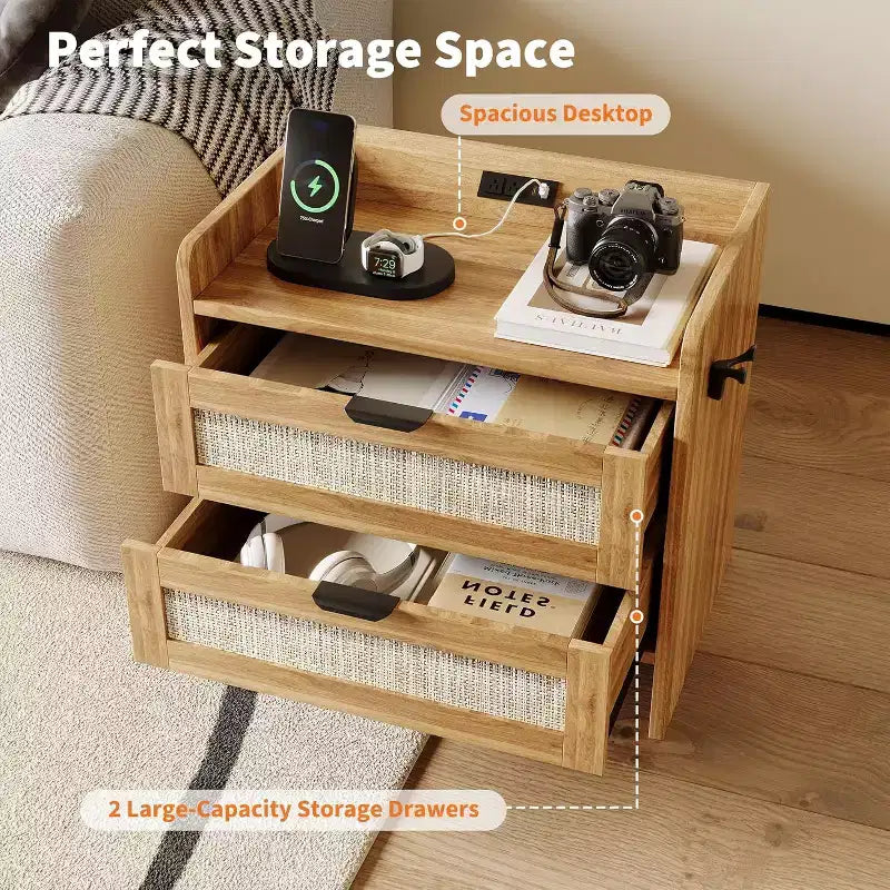 Comodino in rattan, comodino con 2 cassetti portaoggetti, tavolino d'appoggio bohémien per camera da letto, soggiorno, ufficio, comodino grande