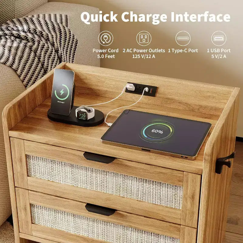 Comodino in rattan, comodino con 2 cassetti portaoggetti, tavolino d'appoggio bohémien per camera da letto, soggiorno, ufficio, comodino grande