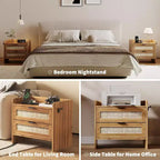 Comodino in rattan, comodino con 2 cassetti portaoggetti, tavolino d'appoggio bohémien per camera da letto, soggiorno, ufficio, comodino grande
