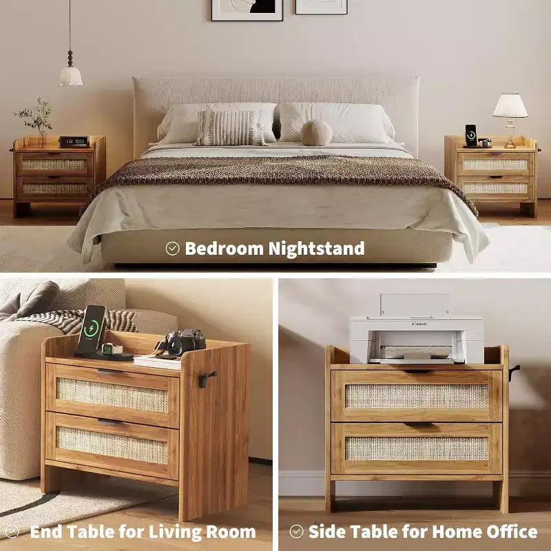Comodino in rattan, comodino con 2 cassetti portaoggetti, tavolino d'appoggio bohémien per camera da letto, soggiorno, ufficio, comodino grande
