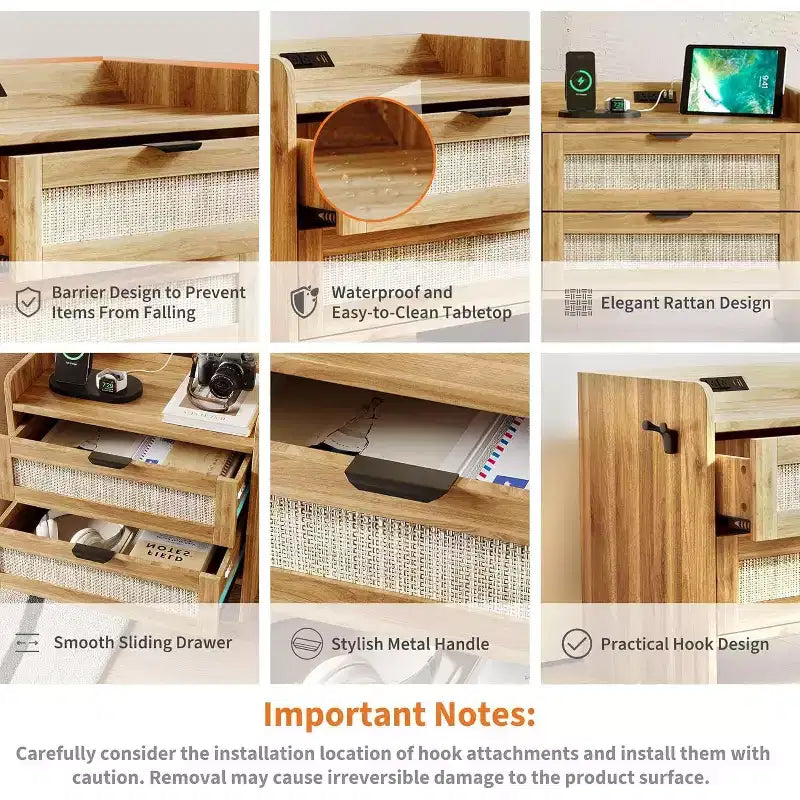 Comodino in rattan, comodino con 2 cassetti portaoggetti, tavolino d'appoggio bohémien per camera da letto, soggiorno, ufficio, comodino grande