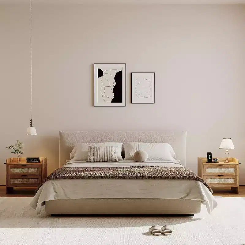 Comodino in rattan, comodino con 2 cassetti portaoggetti, tavolino d'appoggio bohémien per camera da letto, soggiorno, ufficio, comodino grande
