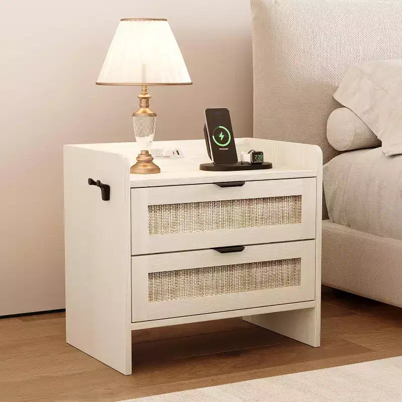 Comodino in rattan, comodino con 2 cassetti portaoggetti, tavolino d'appoggio bohémien per camera da letto, soggiorno, ufficio, comodino grande