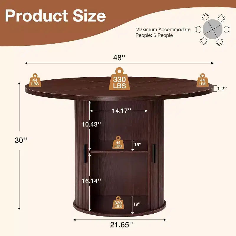 Tavolo da pranzo rotondo da 48 pollici con contenitore - Ripiano regolabile a 3 livelli, Stile Modern Farmhouse, Posti a sedere per 4-6 persone