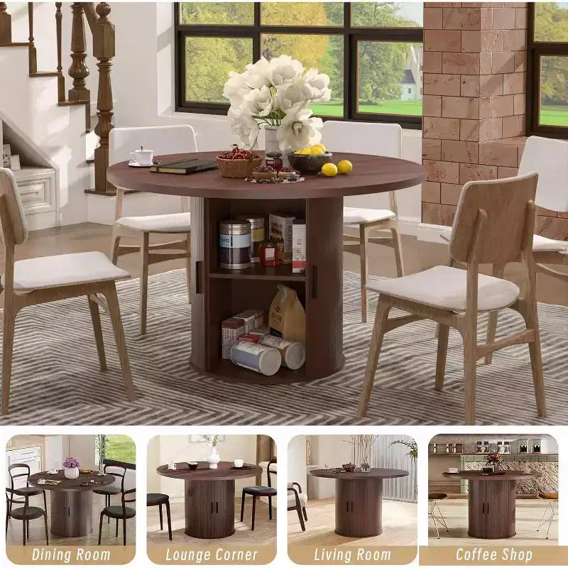 Tavolo da pranzo rotondo da 48 pollici con contenitore - Ripiano regolabile a 3 livelli, Stile Modern Farmhouse, Posti a sedere per 4-6 persone