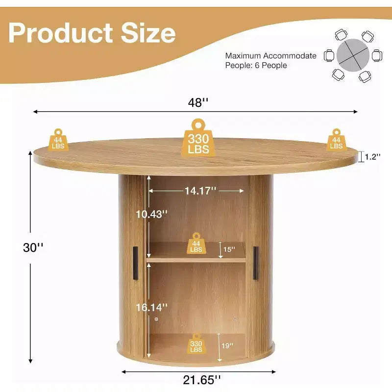 Tavolo da pranzo rotondo da 48 pollici con contenitore - Ripiano regolabile a 3 livelli, Stile Modern Farmhouse, Posti a sedere per 4-6 persone