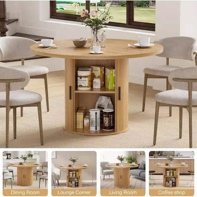 Tavolo da pranzo rotondo da 48 pollici con contenitore - Ripiano regolabile a 3 livelli, Stile Modern Farmhouse, Posti a sedere per 4-6 persone