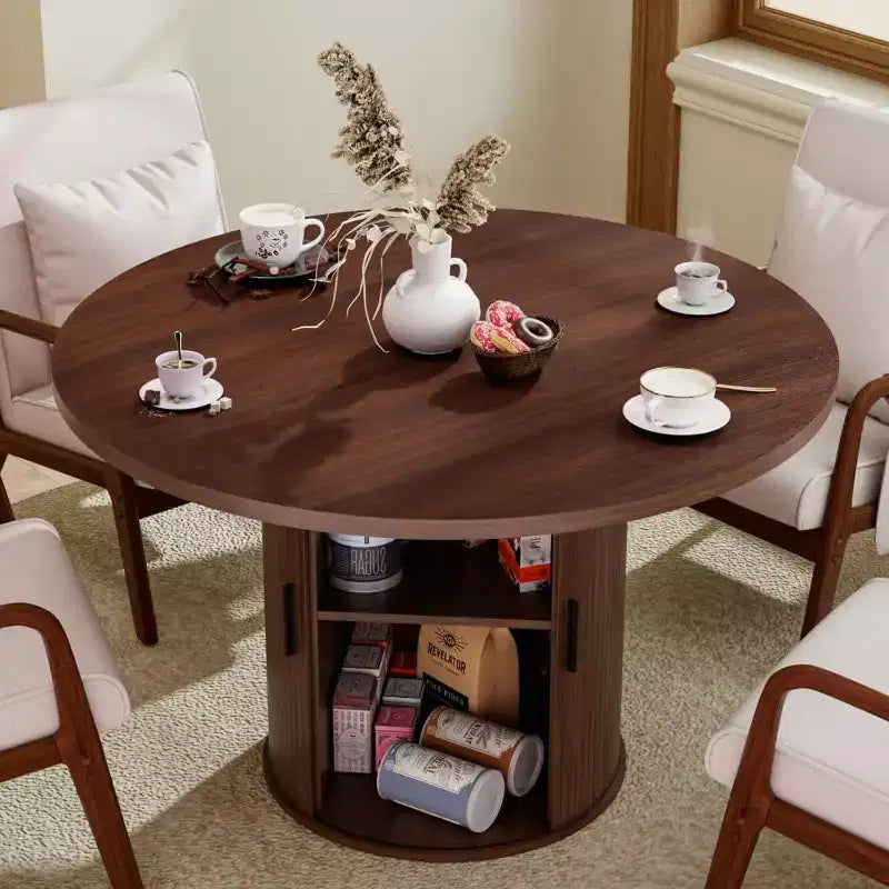 Hommpa 48 Round Dining Table with Storage - Adjustable 3-Level Shelf, Modern Farmhouse, Seats 4-6