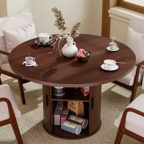 Hommpa 48 Round Dining Table with Storage - Adjustable 3-Level Shelf, Modern Farmhouse, Seats 4-6