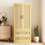 Hitow Light Wood Rattan Accent Wardrobe: 2-Drawer Storage + Smooth Hinges for Bedroom Clothing Organization