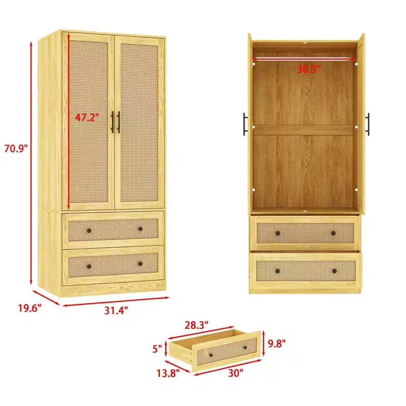 Armadio accentato in rattan e legno chiaro: 2 cassetti portaoggetti + cerniere scorrevoli per l'organizzazione dei vestiti in camera da letto