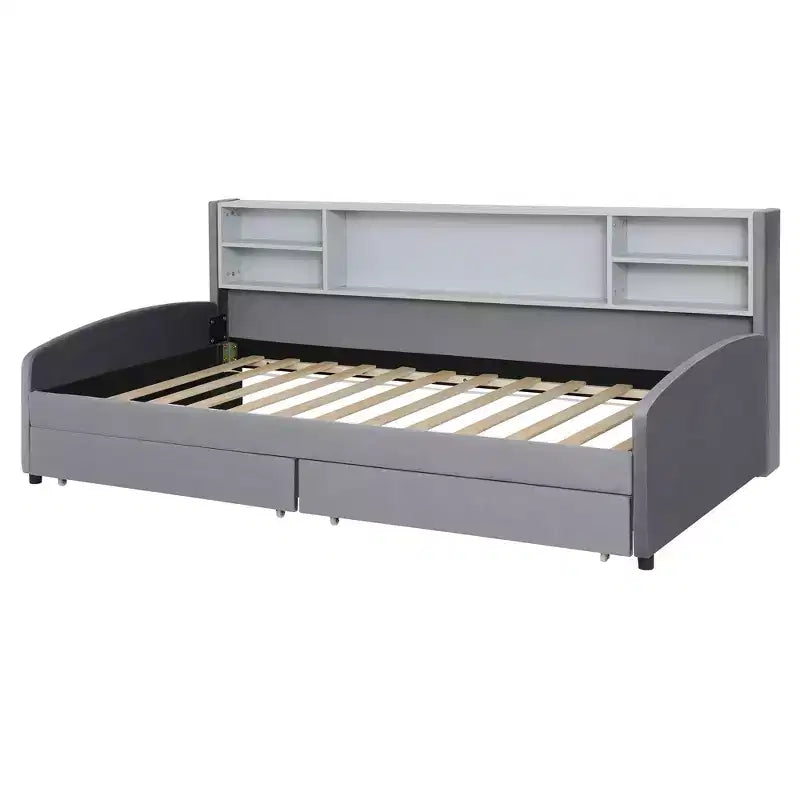 Letto a piattaforma imbottito in velluto per una piazza e mezza con mensole portaoggetti e 2 cassetti per soggiorno
