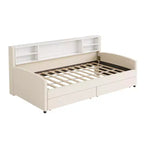Letto a piattaforma imbottito in velluto per una piazza e mezza con mensole portaoggetti e 2 cassetti per soggiorno