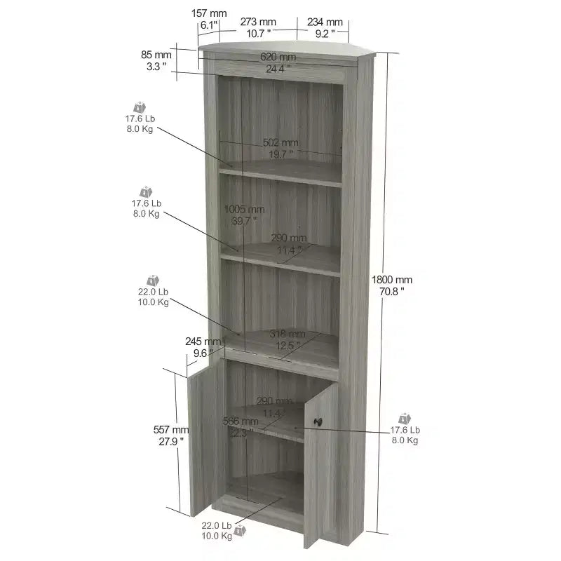 Libreria angolare 70.02" Grigia - Inval: Quercia Fumo Moderna, 3 Ripiani, Vano contenitore a doppia anta