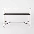 Console in metallo e marmo con mensola, marmo bianco di Carrara/bronzo scuro