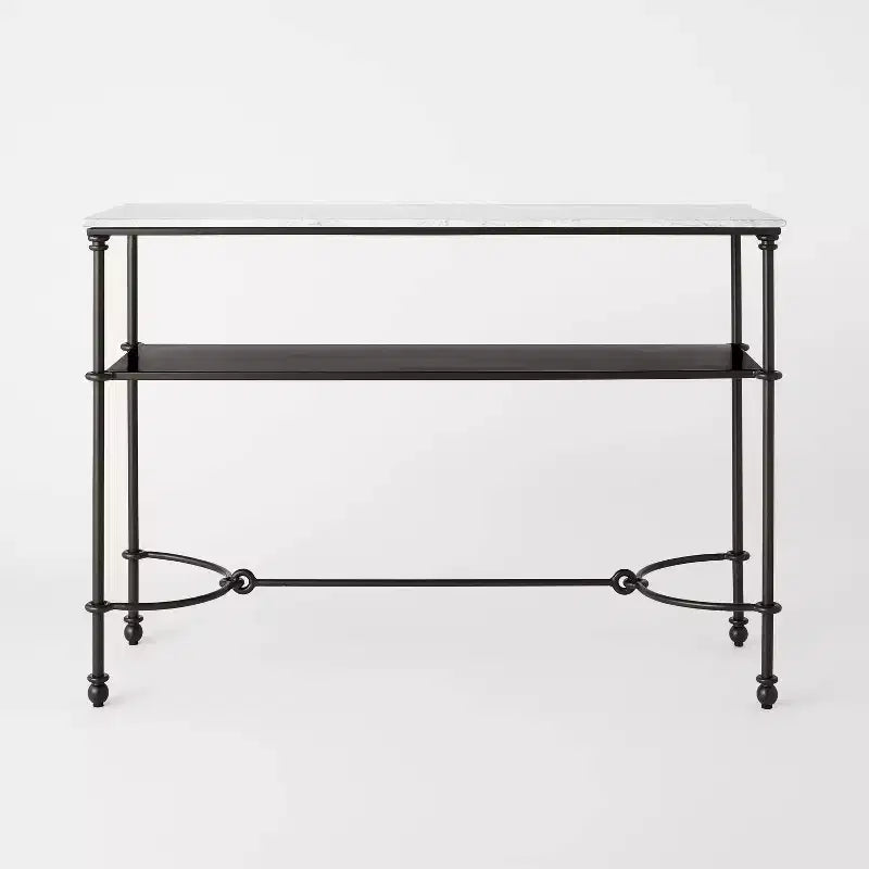 Console in metallo e marmo con mensola, marmo bianco di Carrara/bronzo scuro