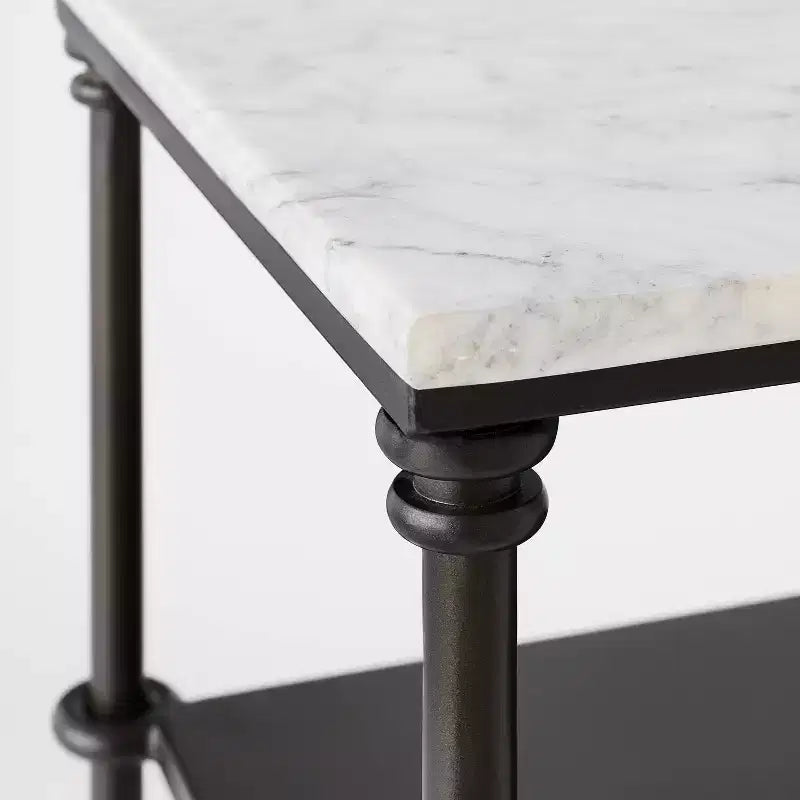 Console in metallo e marmo con mensola, marmo bianco di Carrara/bronzo scuro