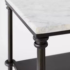 Console in metallo e marmo con mensola, marmo bianco di Carrara/bronzo scuro